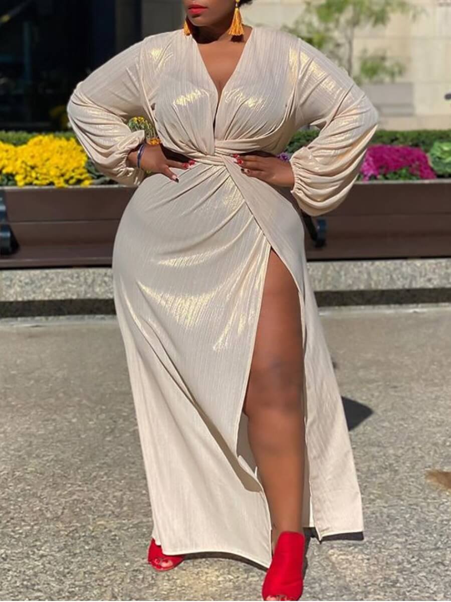 

Lovely Sexy Deep V Neck Side High Slit White Maxi Plus Size Dress