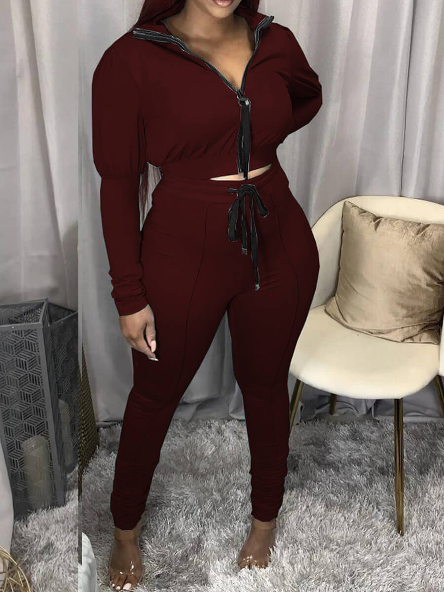 

Lovely Sportswear Turndown Collar Zipper Design Wine Red Two Piece Pants Set