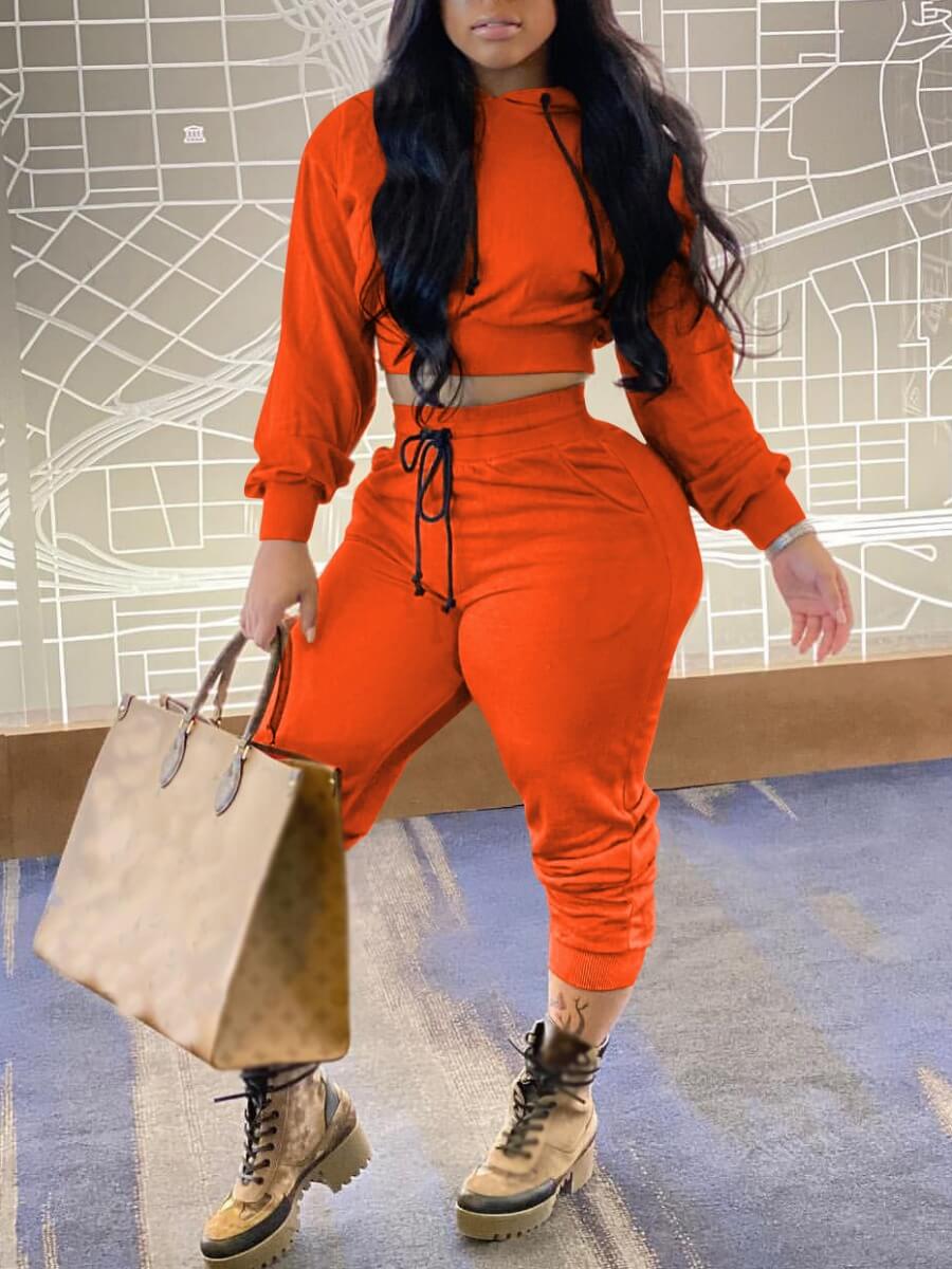 

Lovely Leisure Hooded Collar Lace-up Jacinth Two Piece Pants Set