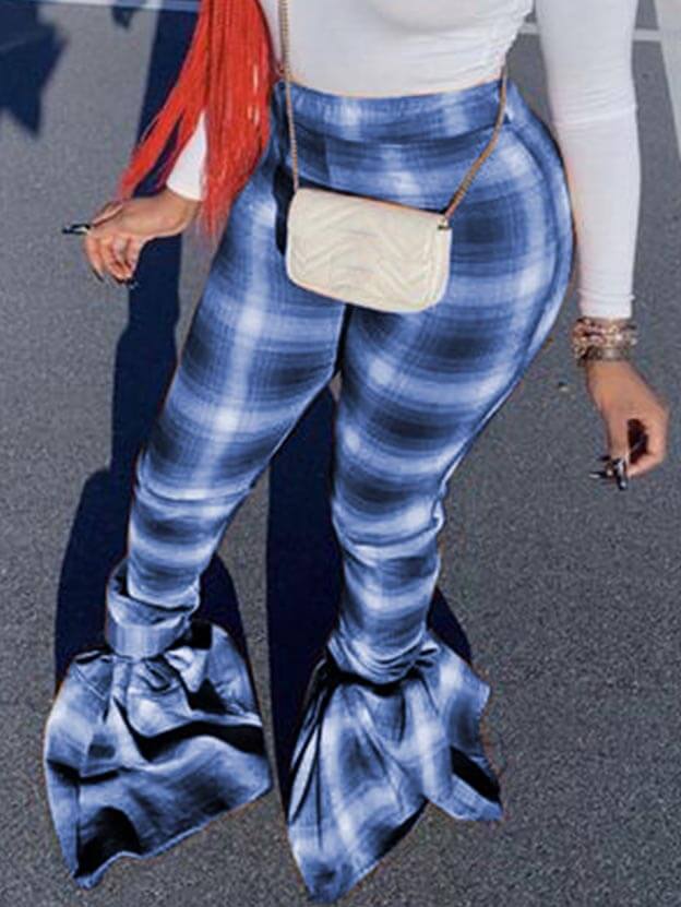 

Lovely Street Plaid Print Flared Blue Pants