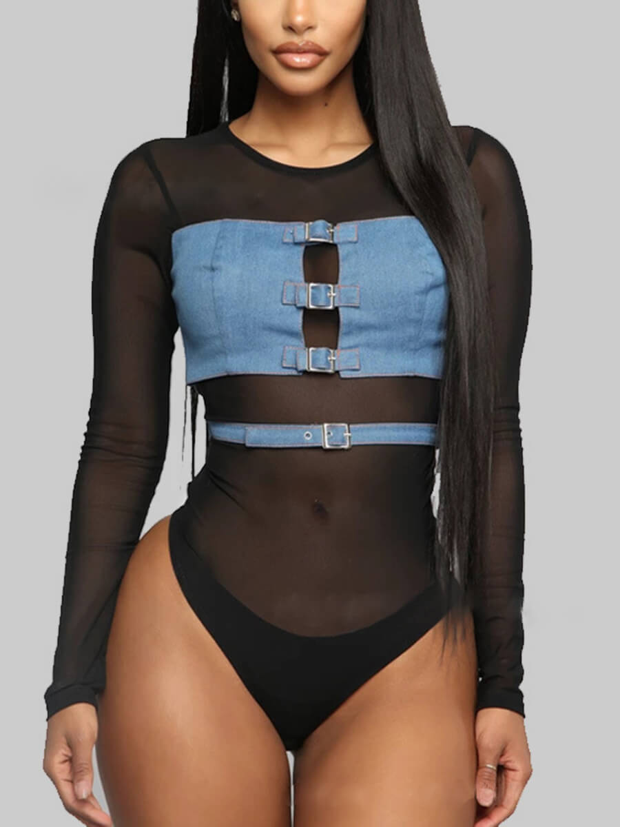 

Lovely Sexy See-through Patchwork Black Denim Bodysuit(3-piece