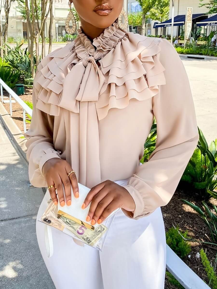 

Lovely Trendy Flounce Design Khaki Blouse