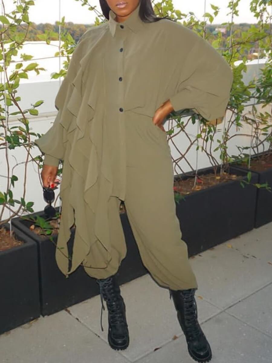 

Lovely Trendy Flounce Buttons Design Green One-piece Jumpsuit