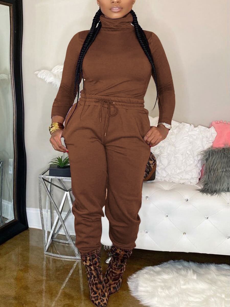

LW BASICS Turtleneck Drawstring Pants Set, Coffee
