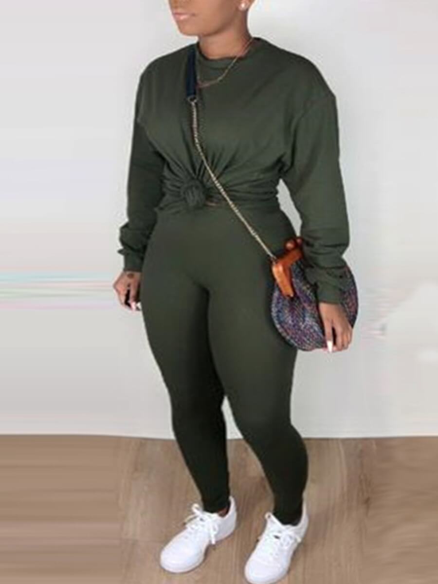 

Lovely Casual O Neck Basic Skinny Army Green Two Piece Pants Set