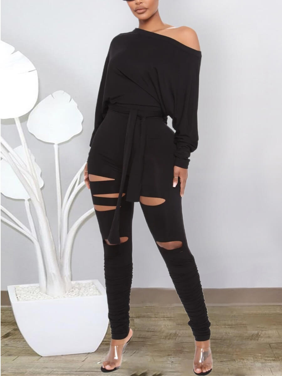 

Lovely Stylish Lace-up Hollow-out Black One-piece Jumpsuit