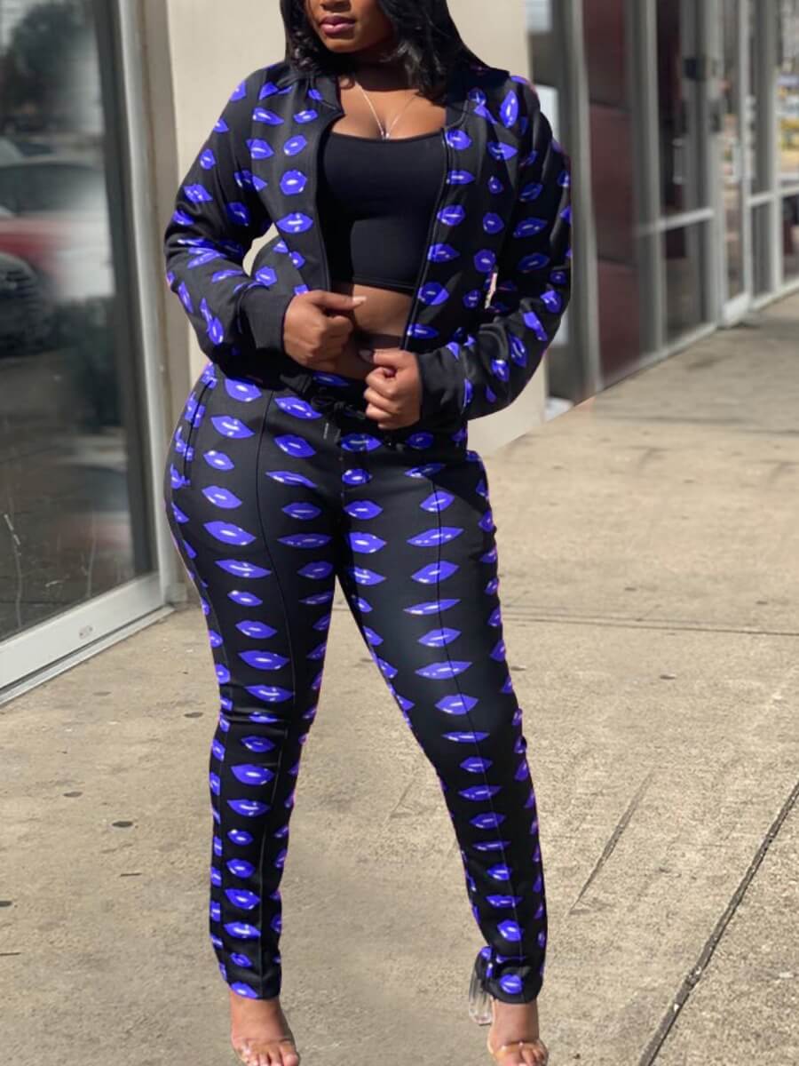 

Lovely Stylish Print Skinny Blue Two Piece Pants Set(Without Camisole
