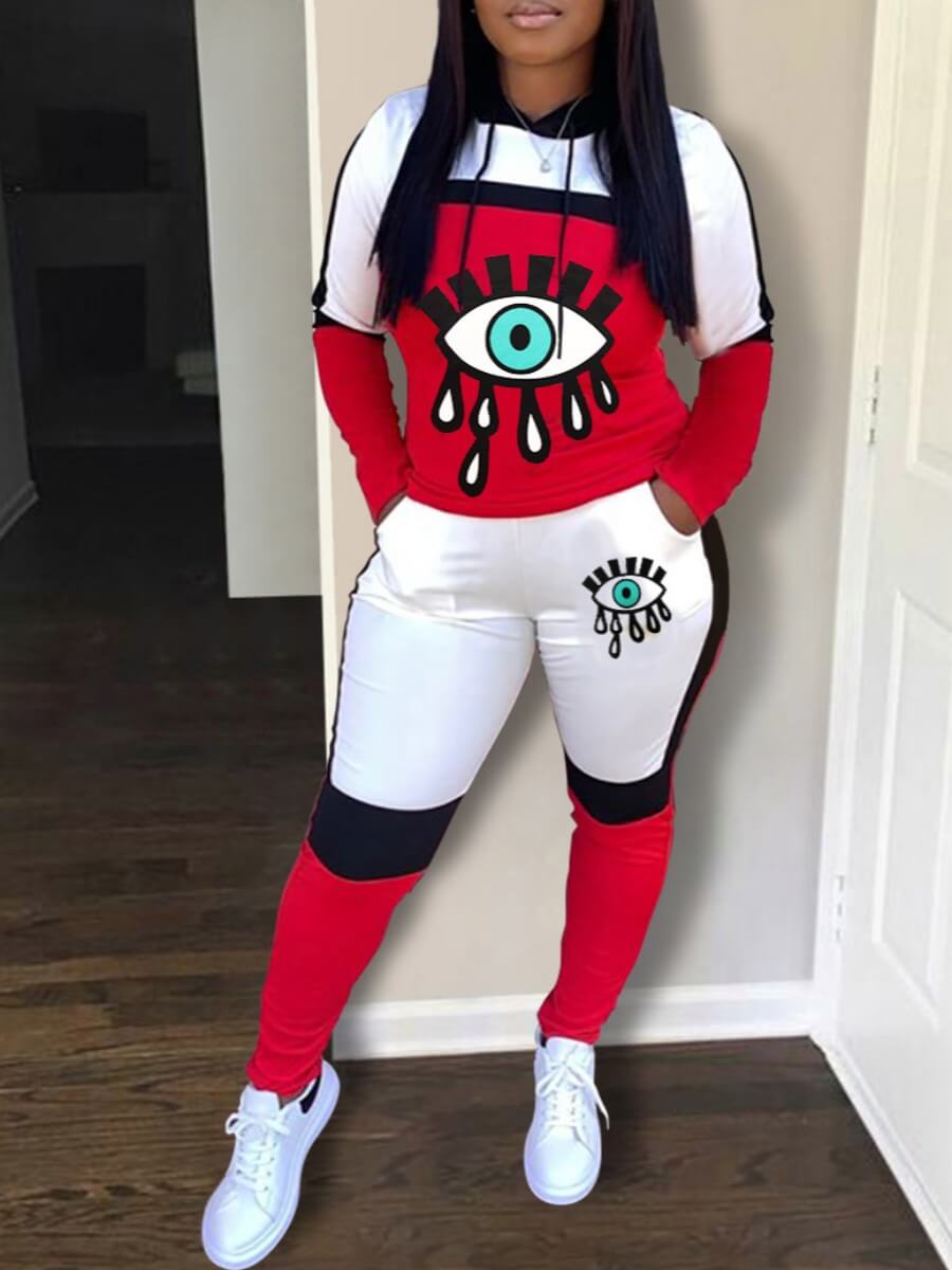 

LW Eye Print Patchwork Tracksuit Set, Red