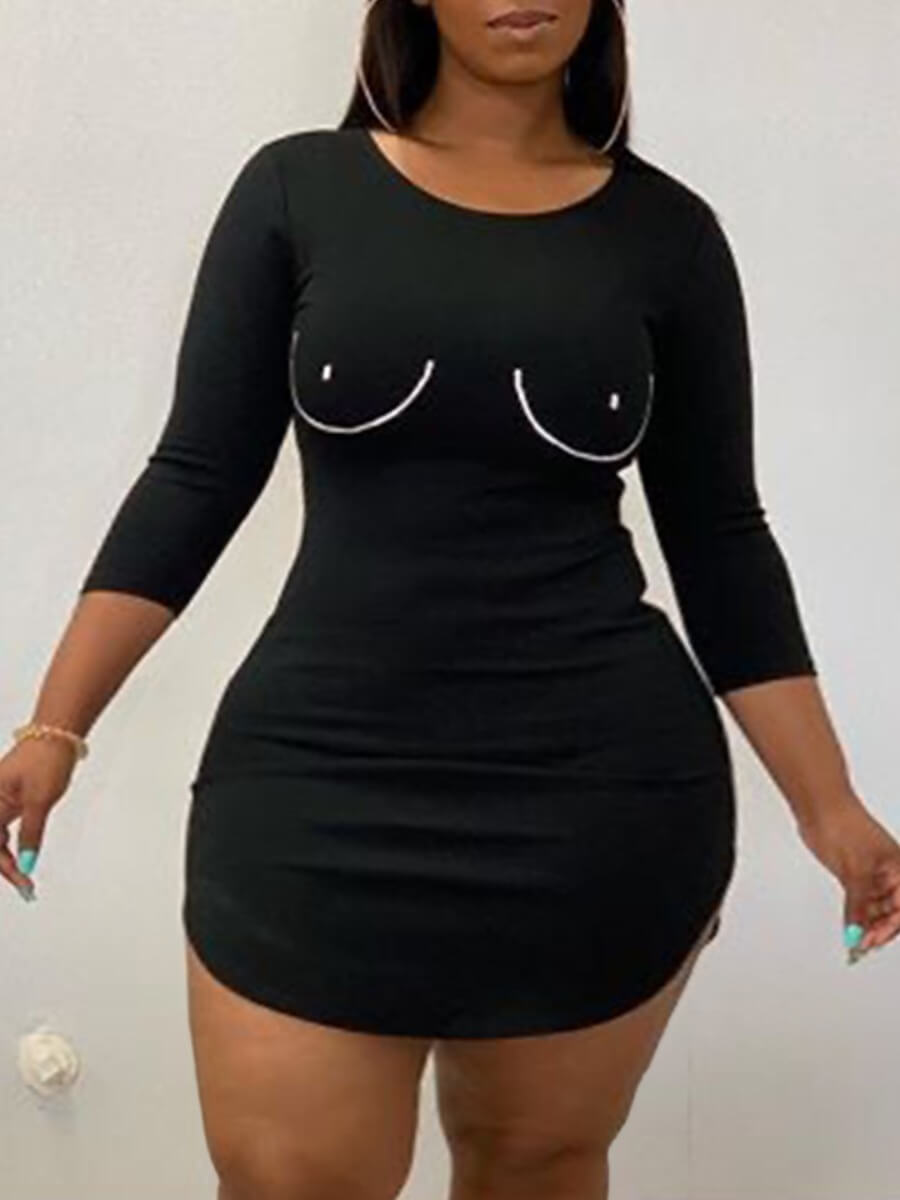 

Lovely Casual U Neck Print Black Mini Plus Size Dress