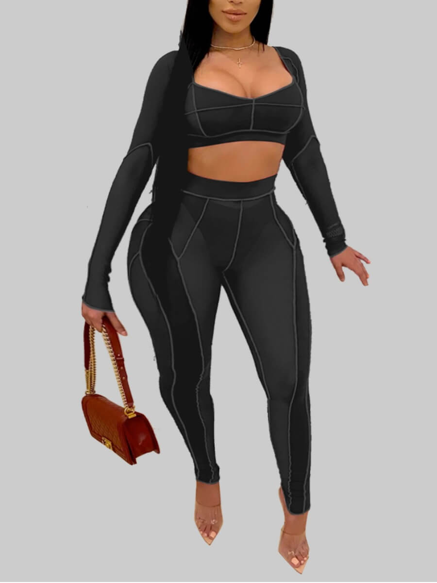 

Lovely Sportswear Square Collar Patchwork Black Plus Size Two-piece Pants Set