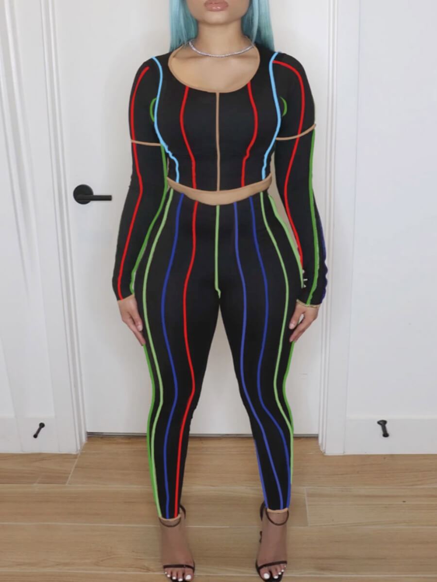 

Lovely Street O Neck Rainbow Striped Black Two Piece Pants Set