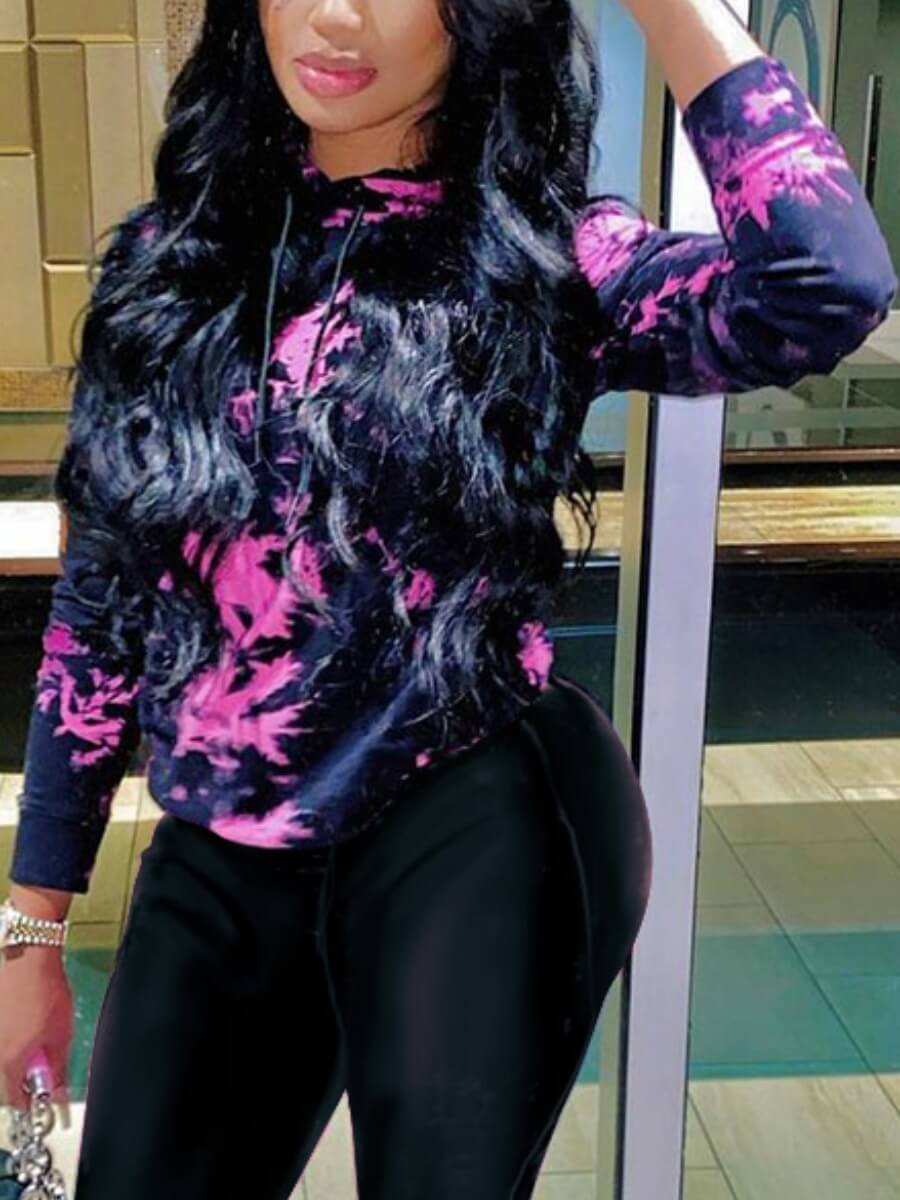 

Lovely Casual Hooded Collar Tie-dye Black Hoodie(Batch Print