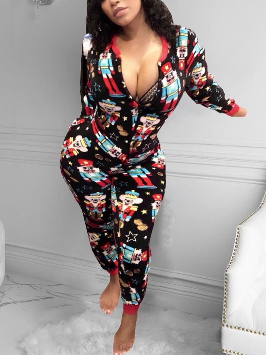 

Lovely Trendy Print Zipper Design Black One-piece Jumpsuit