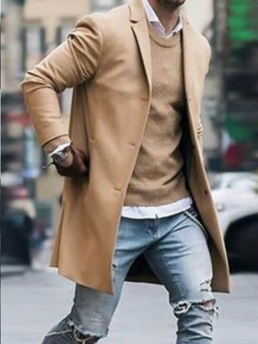 

Lovely Men Trendy Turndown Collar Buttons Design Brown Wool