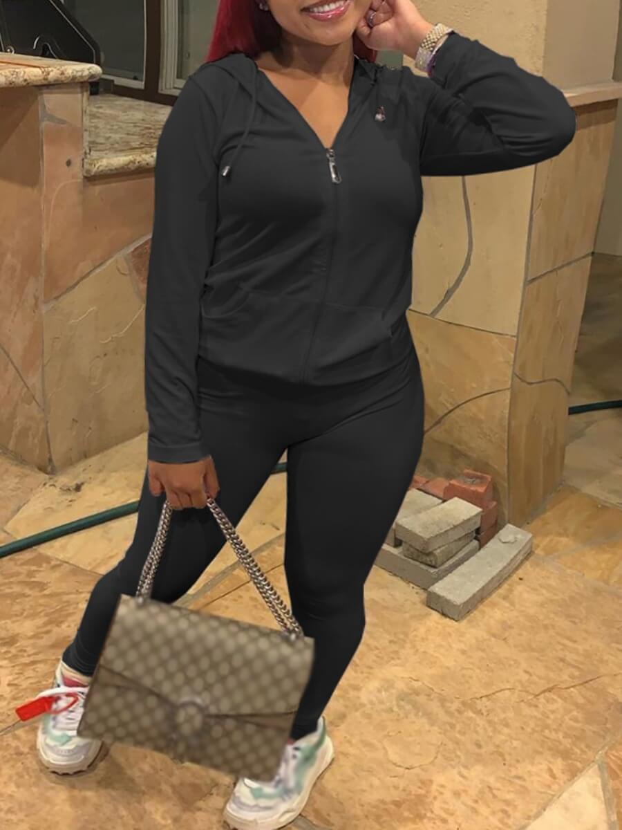

Lovely Leisure Hooded Collar Zipper Design Black Two Piece Pants Set