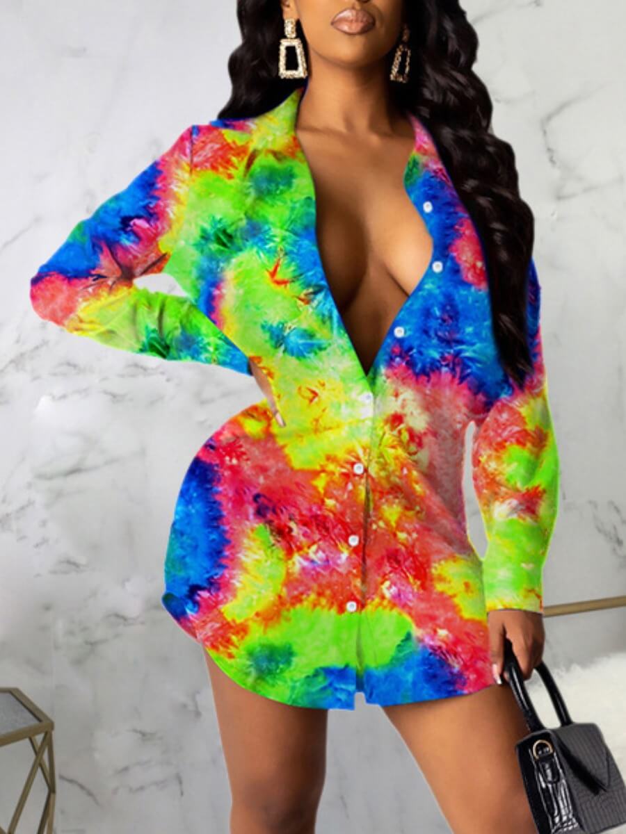 

Lovely Trendy Turndown Collar Tie-dye Green Mini Dress