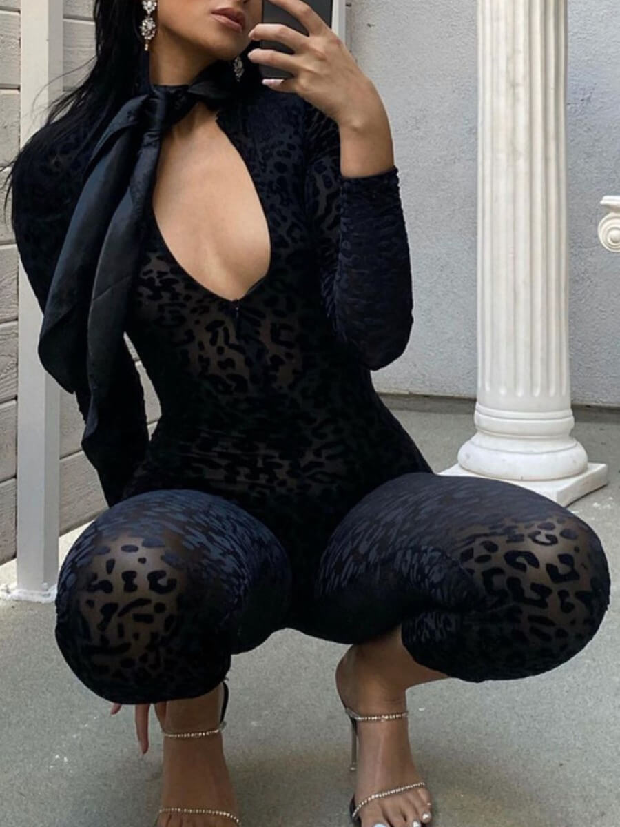 

Lovely Sexy Print Hollow-out Black One-piece Jumpsuit