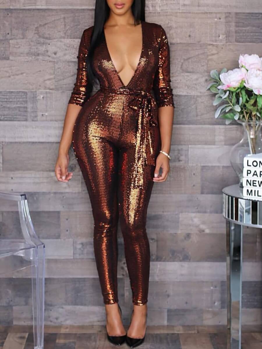 

Lovely Sexy Deep V Neck Sequined Brown One-piece Jumpsuit