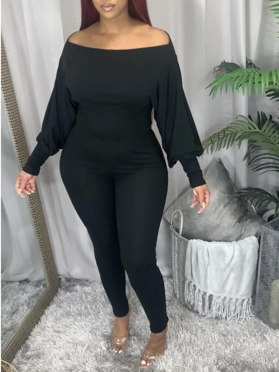 

Lovely Casual Off Shoulder Long Sleeve Black Plus Size Two-piece Pants Set