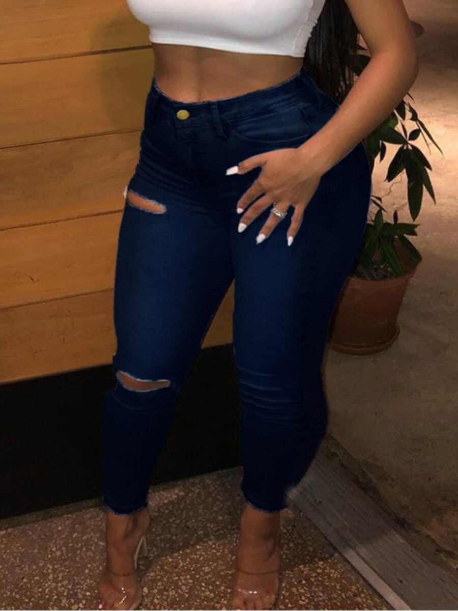 

Lovely Trendy Hollow-out Deep Blue Plus Size Jeans