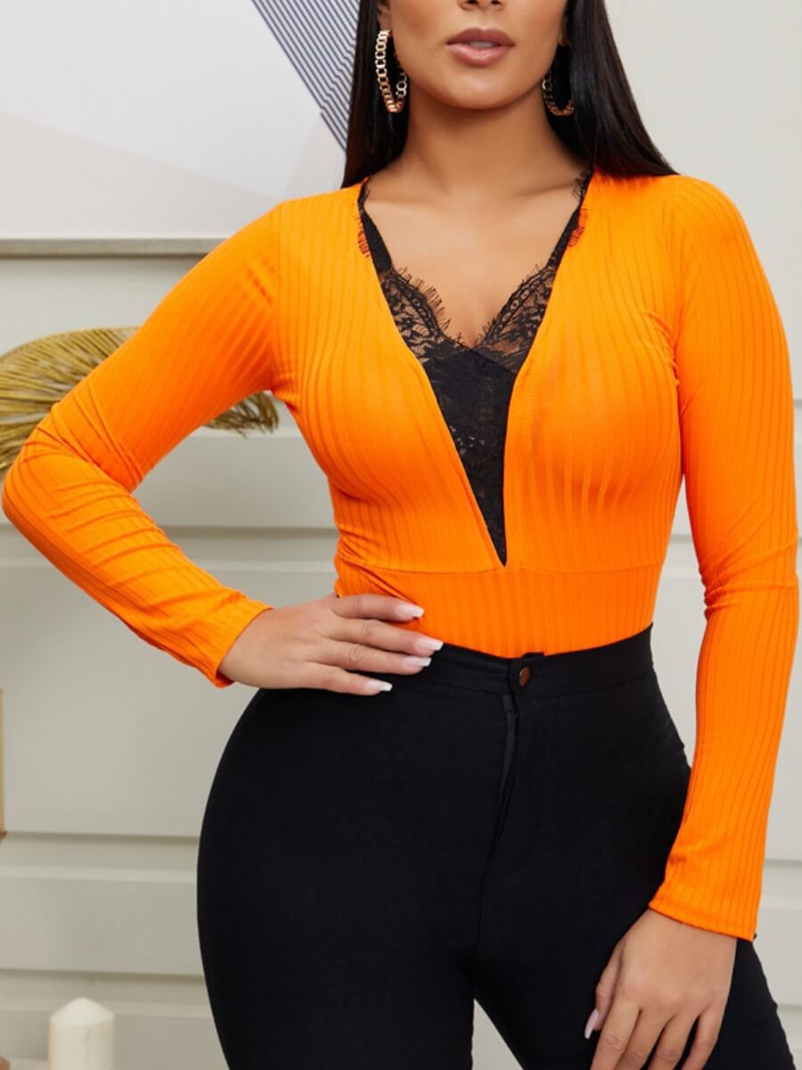 

Lovely Stylish Lace Patchwork Orange Red Bodysuit