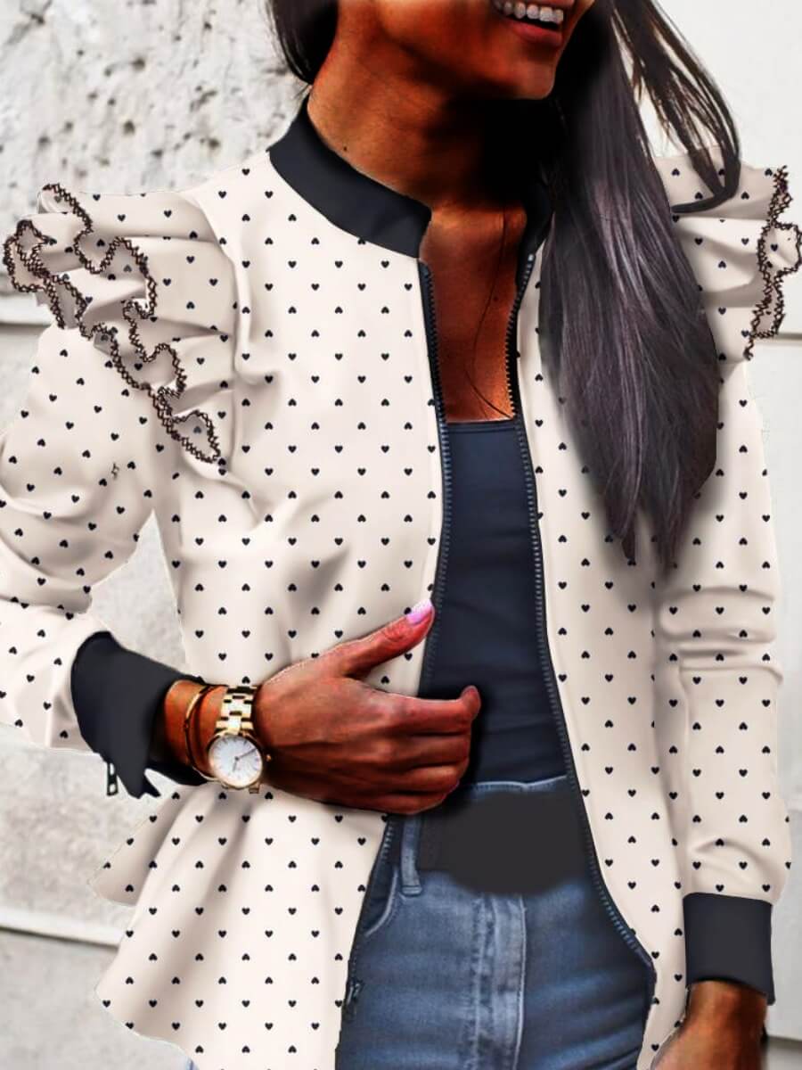

Lovely Trendy Dot Print Flounce Design White Coat