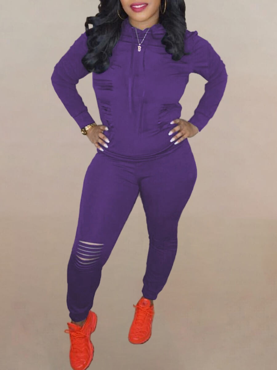 

Lovely Casual Hooded Collar Zipper Design Broken Holes Purple Two Piece Pants Set