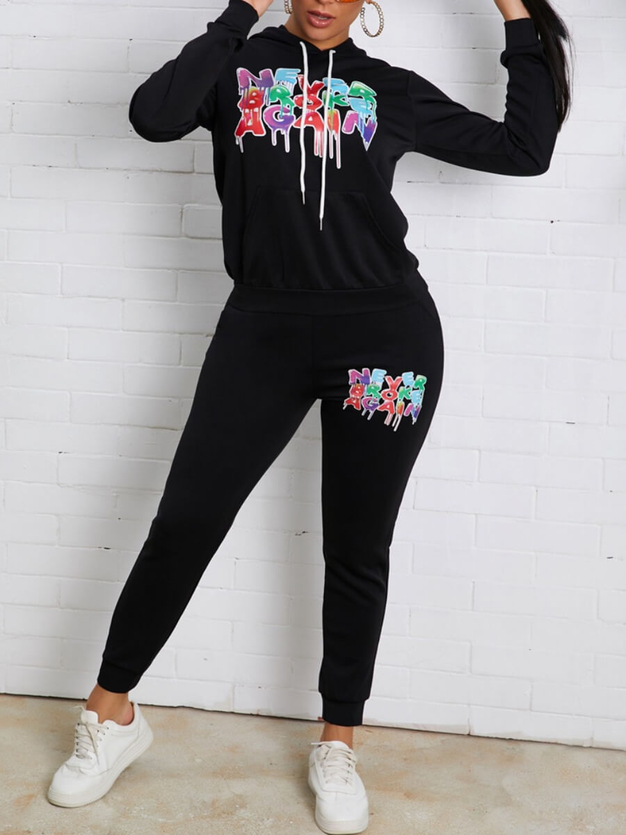 

Lovely Casual Hooded Collar Letter Print Black Two Piece Pants Set