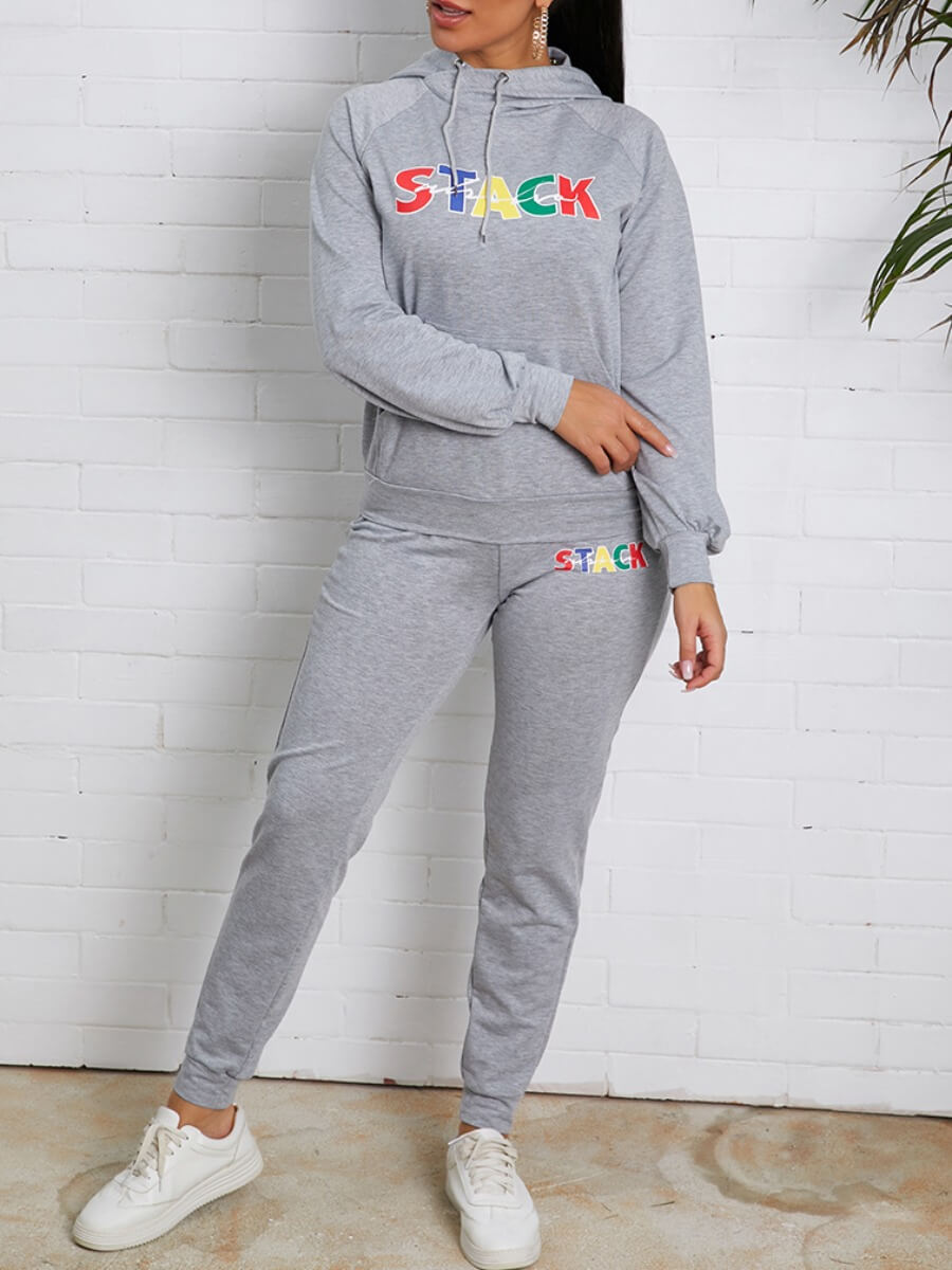 

Lovely Sportswear Hooded Collar Letter Print Grey Two Piece Pants Set