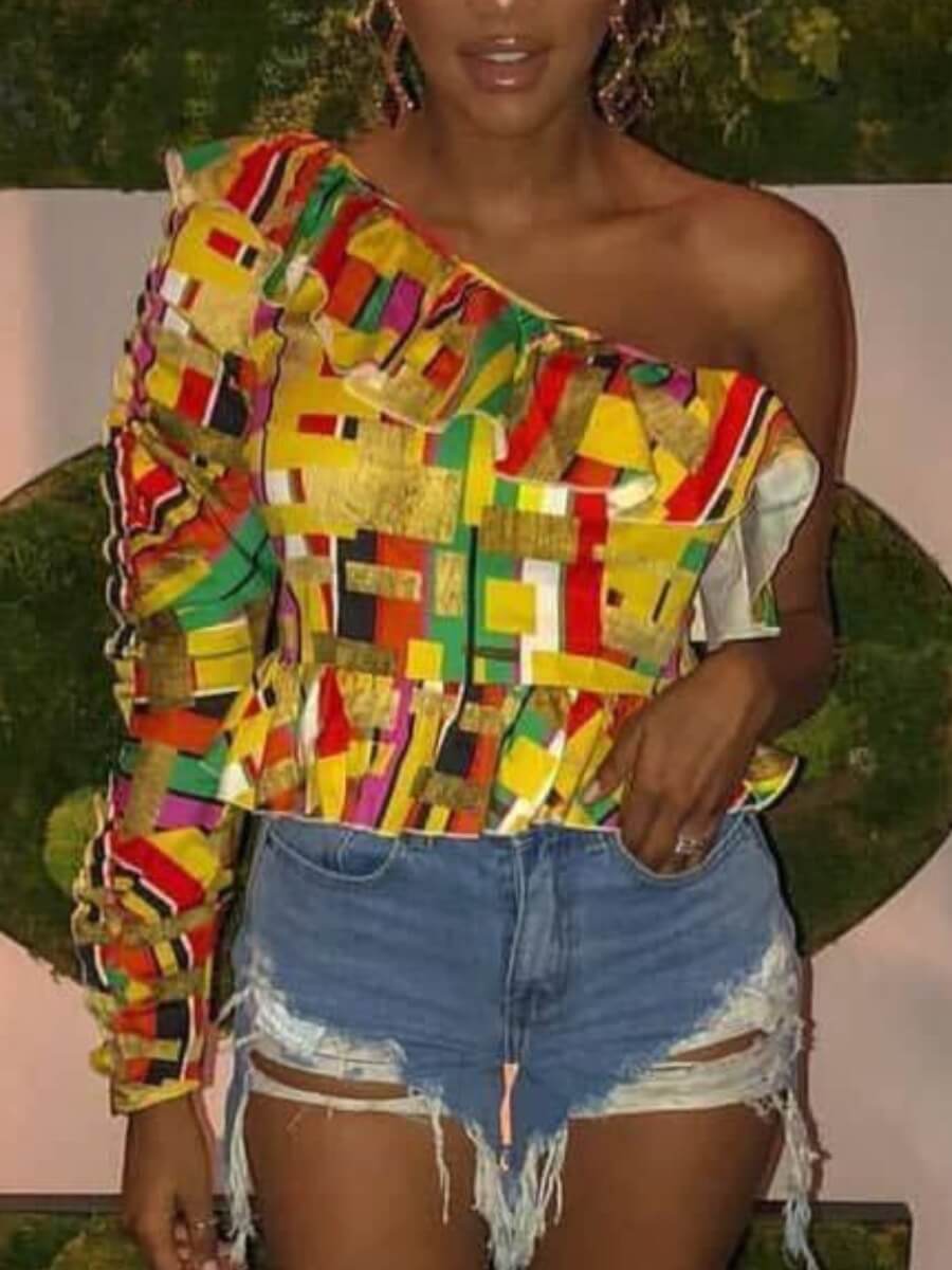 

Lovely Street One Shoulder Print Multicolor Blouse, Multi