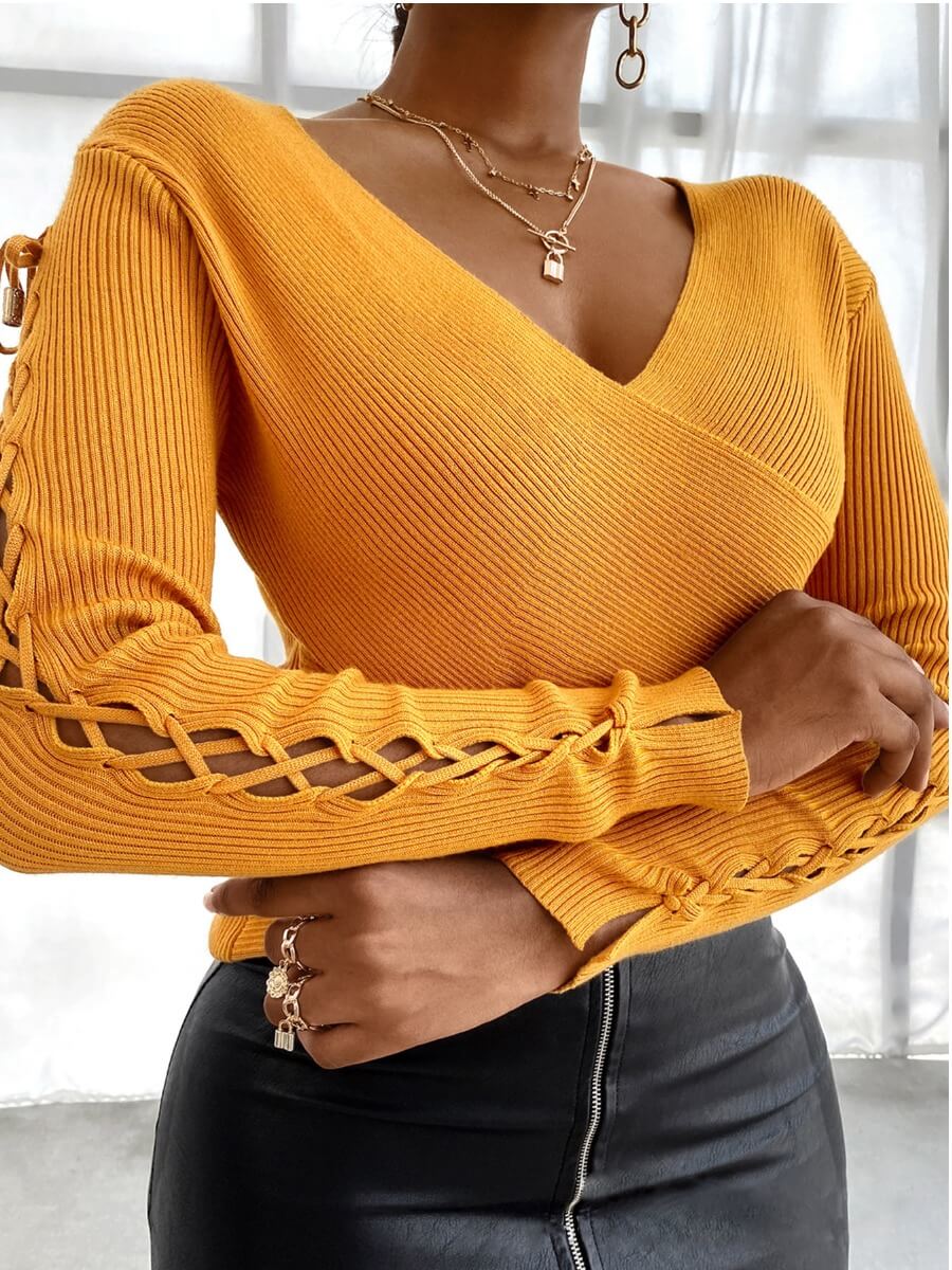 

Lovely Street V Neck Bandage Design Orange Sweater