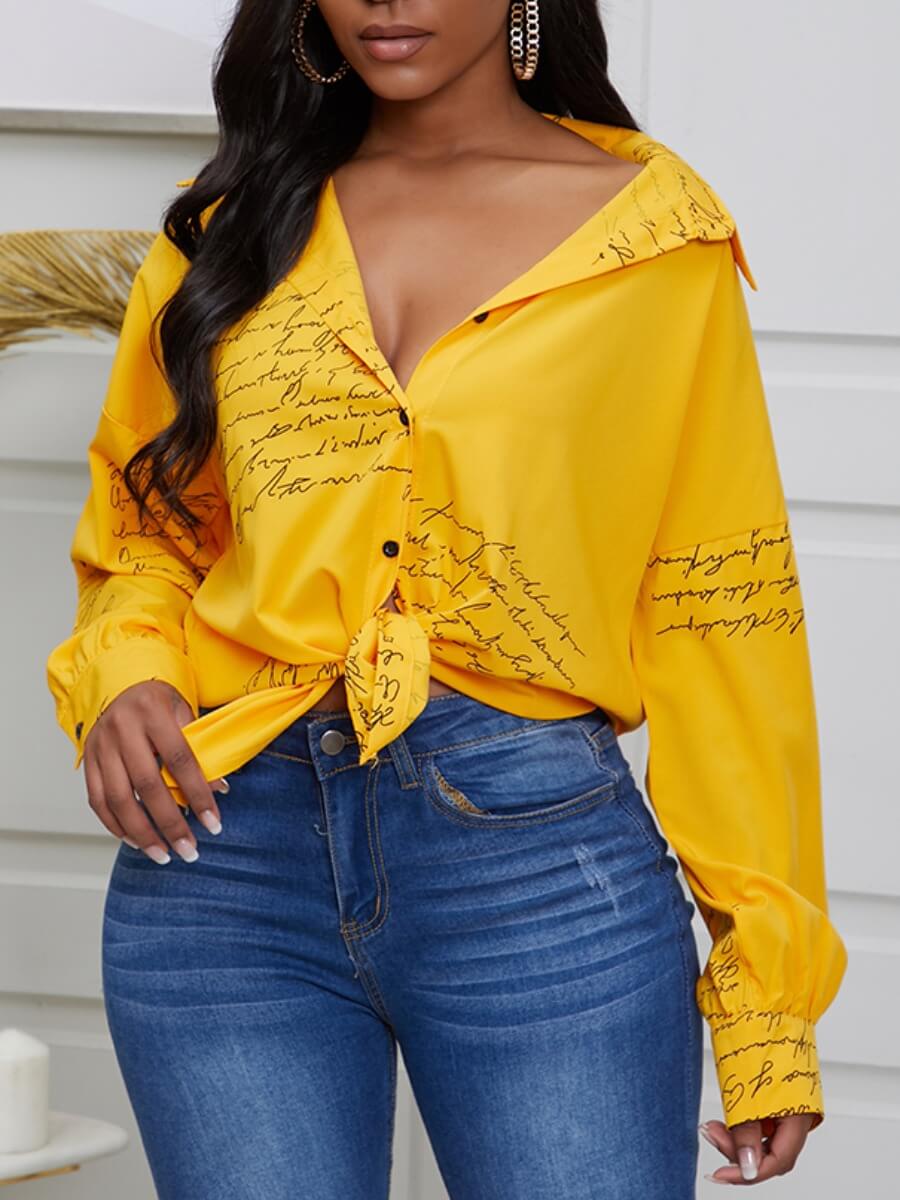 

Lovely Stylish Shirt Collar Letter Print Yellow Blouse