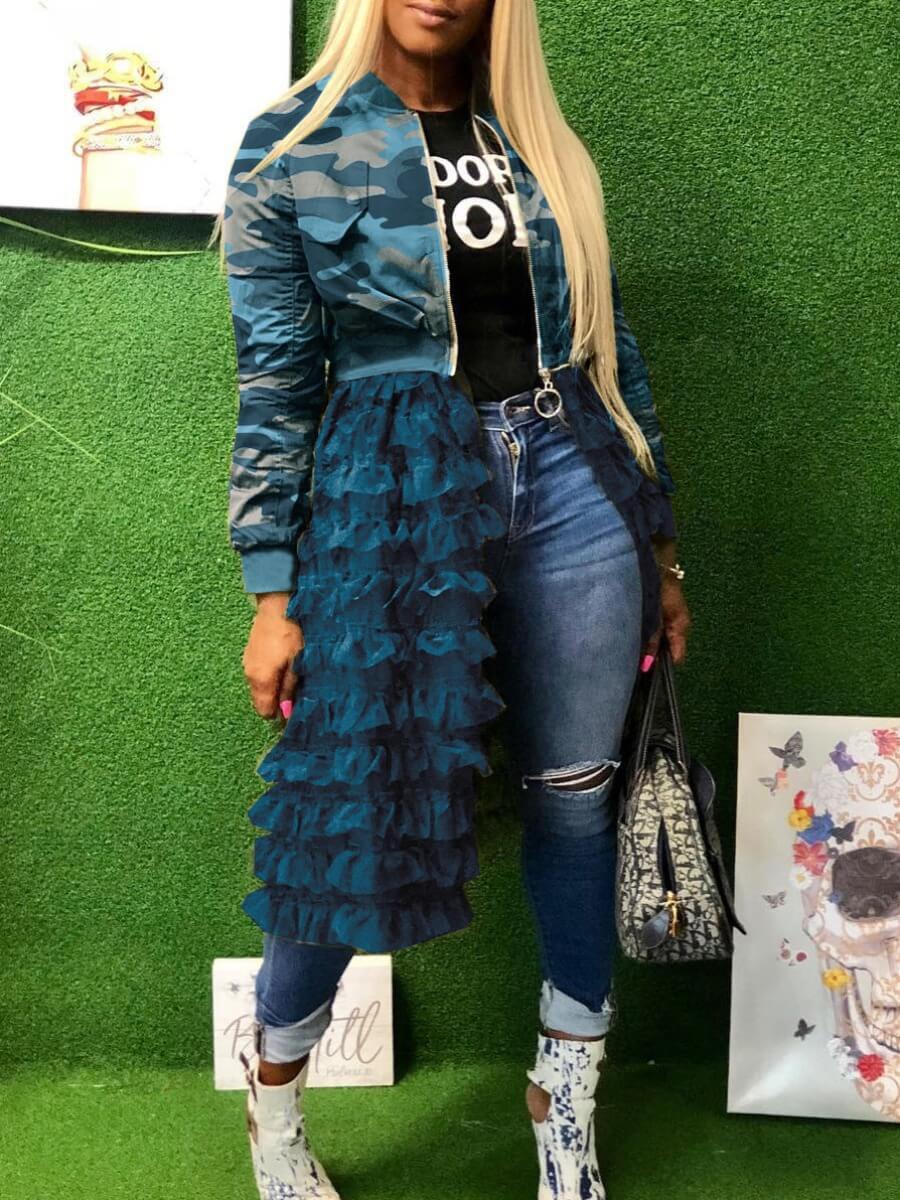 

Lovely Trendy Camo Print Patchwork Blue Long Coat