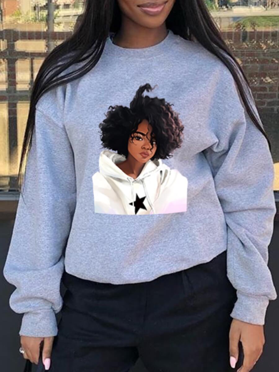 

Lovely Casual O Neck Print Grey Hoodie
