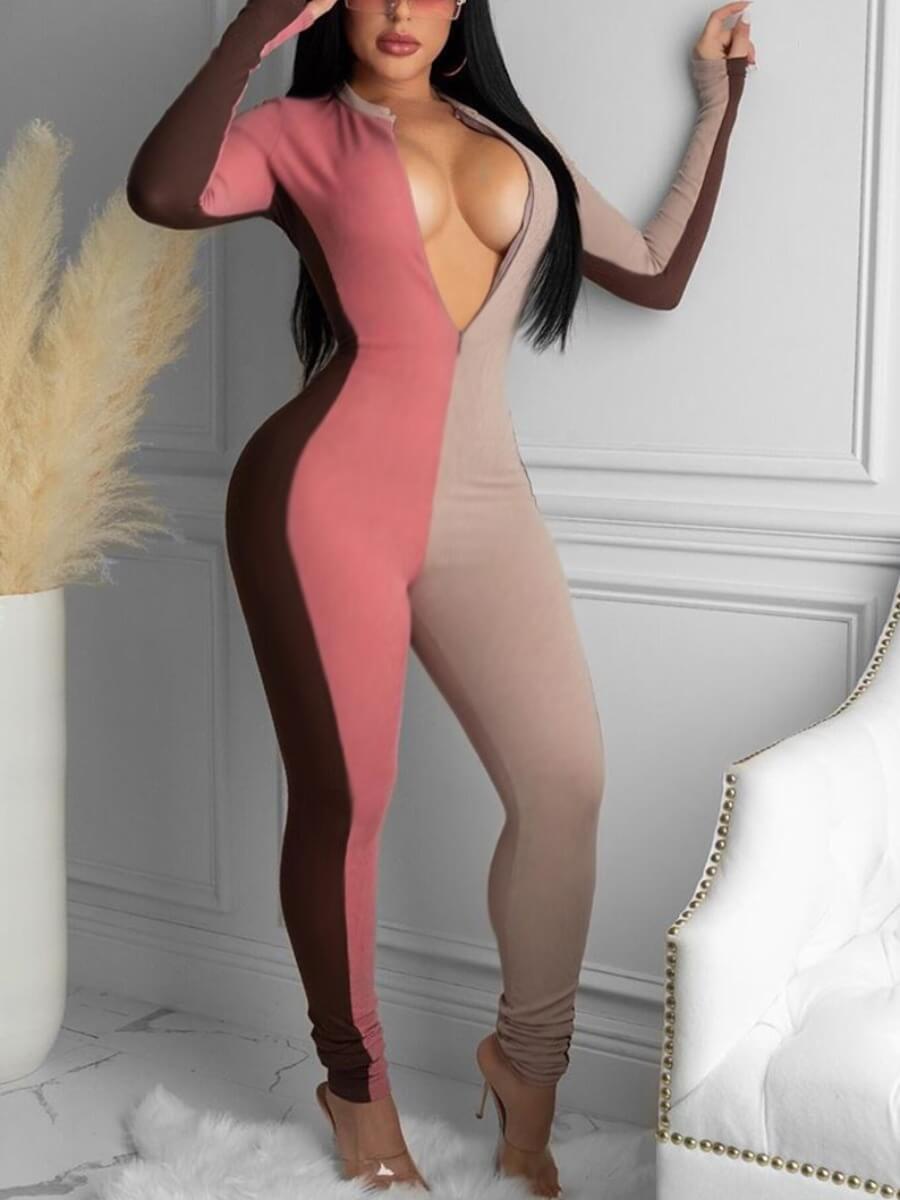 

Lovely Sexy Conventional Collar Patchwork Skinny Red One-piece Jumpsuit