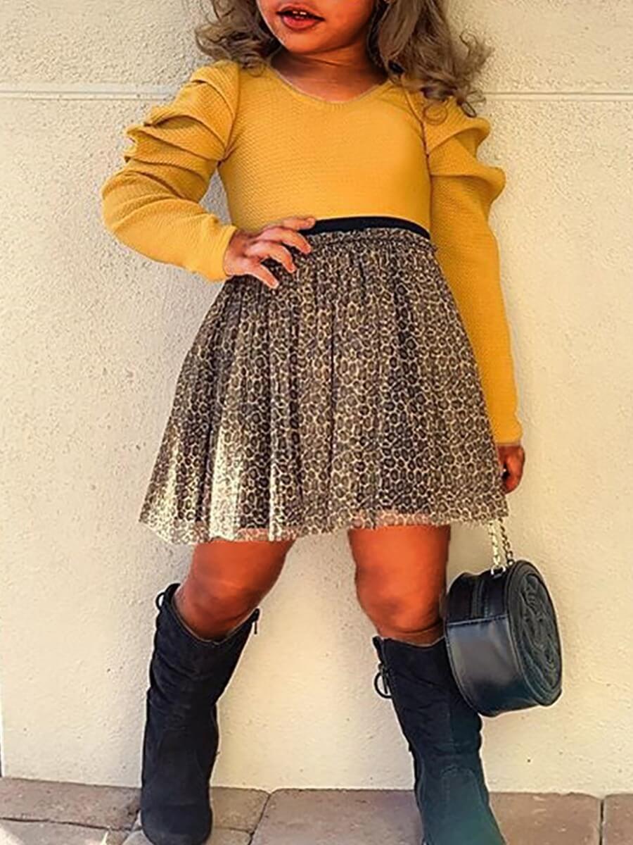 

Lovely Stylish O Neck Leopard Print Yellow Girl Two-piece Pants Set