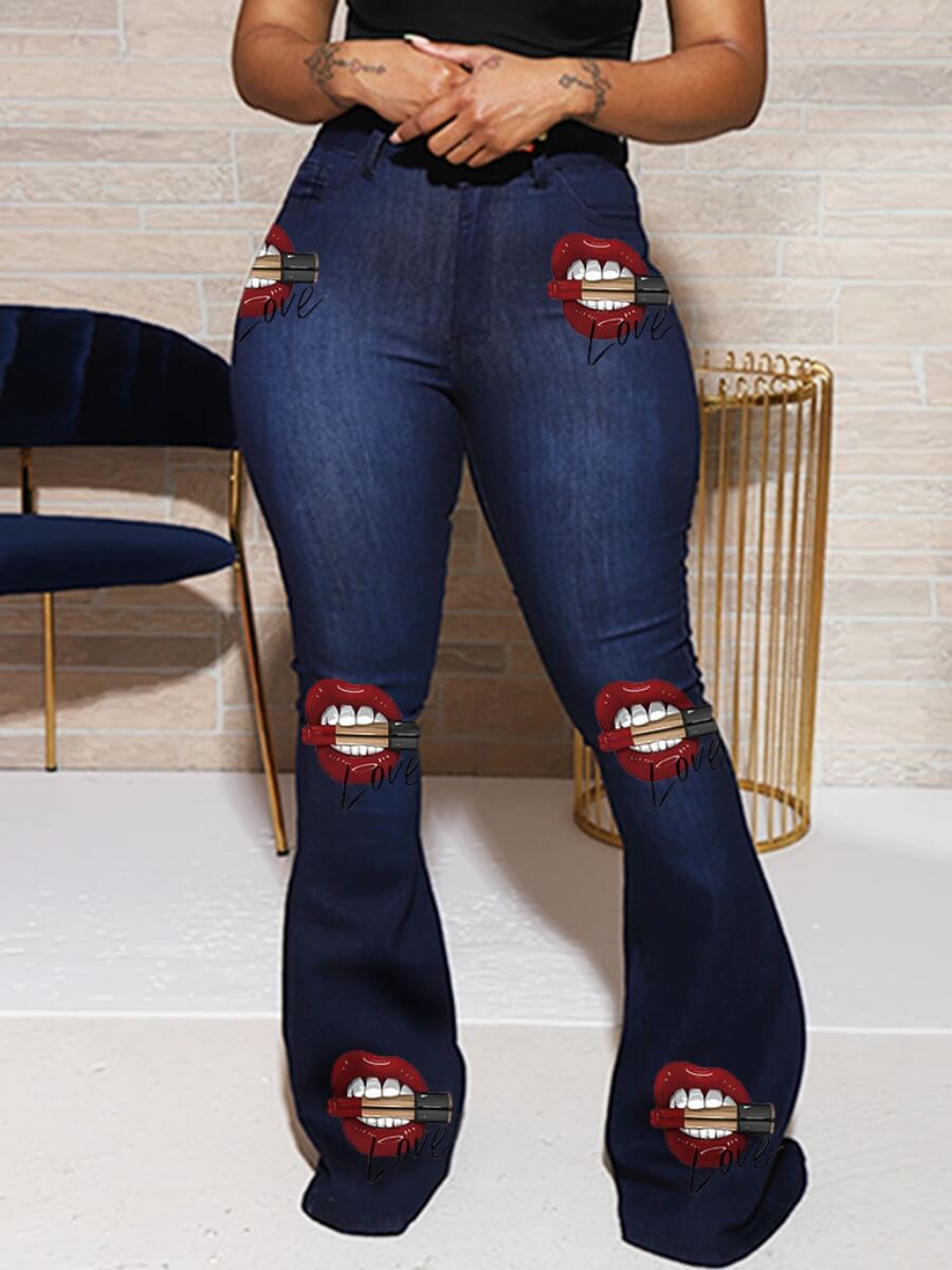 

Lovely Casual High-waisted Lip Print Blue Jeans