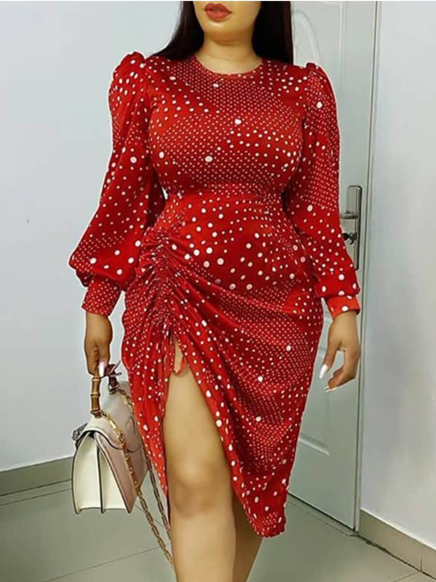 

Lovely Sexy Dot Print Drawstring Design Red Knee Length Maxi Dress