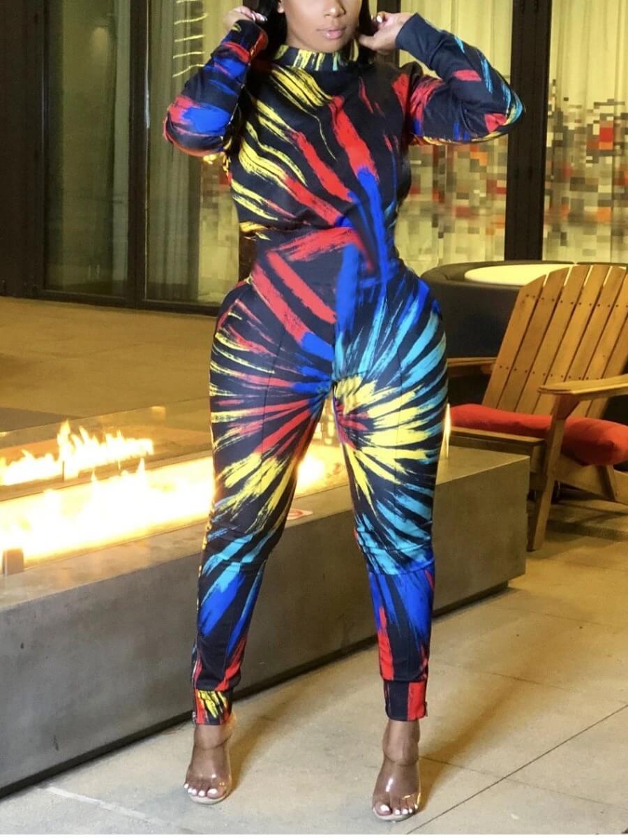 

Lovely Trendy O Neck Tie-dye Multicolor One-piece Jumpsuit, Multi