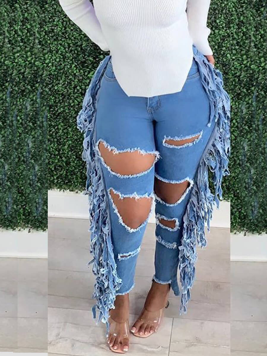 

Lovely Street Hollow-out Tassel Design Blue Jeans