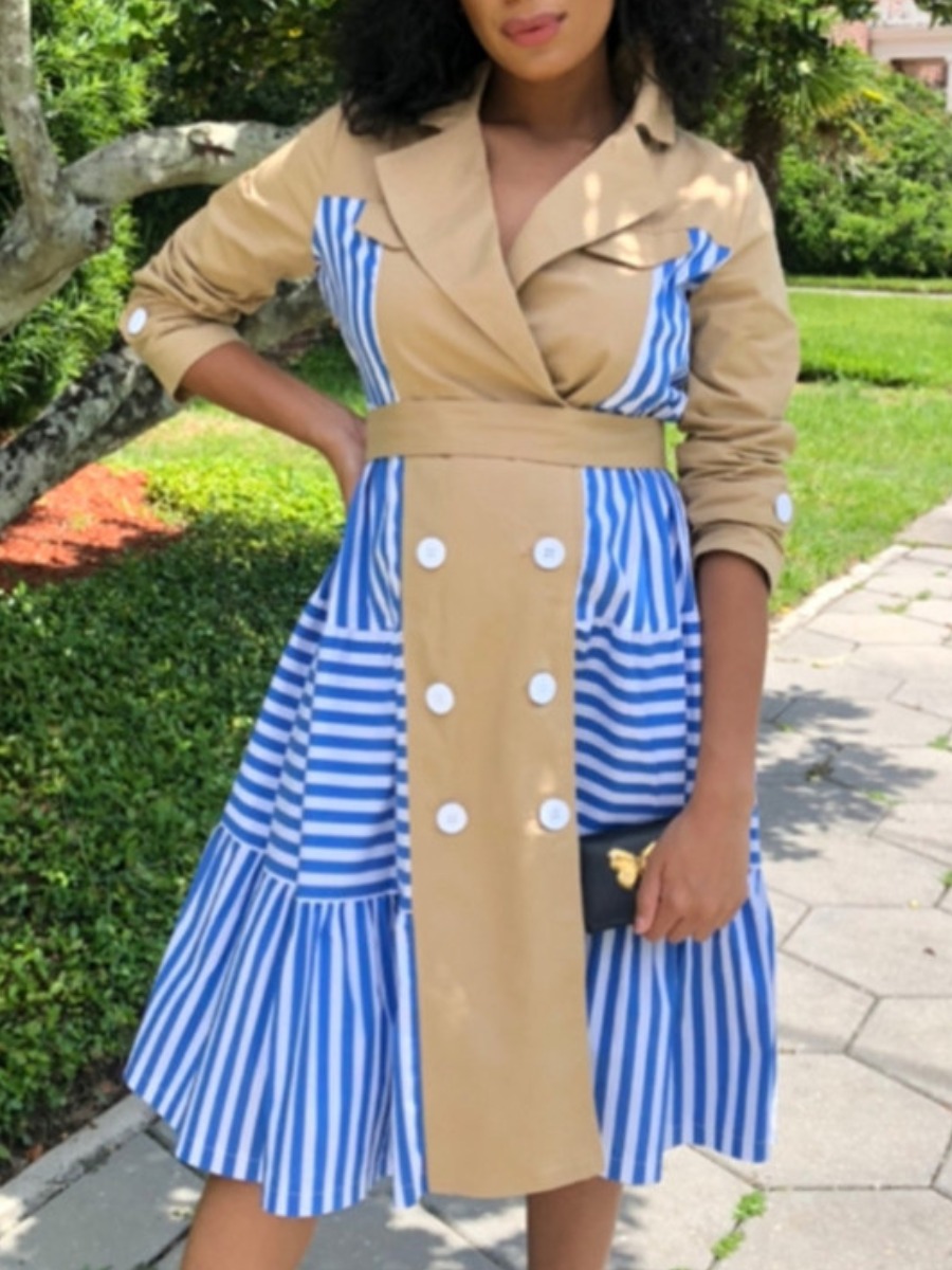 

lovely Trendy Turndown Collar Striped Patchwork Khaki Knee Length Dress