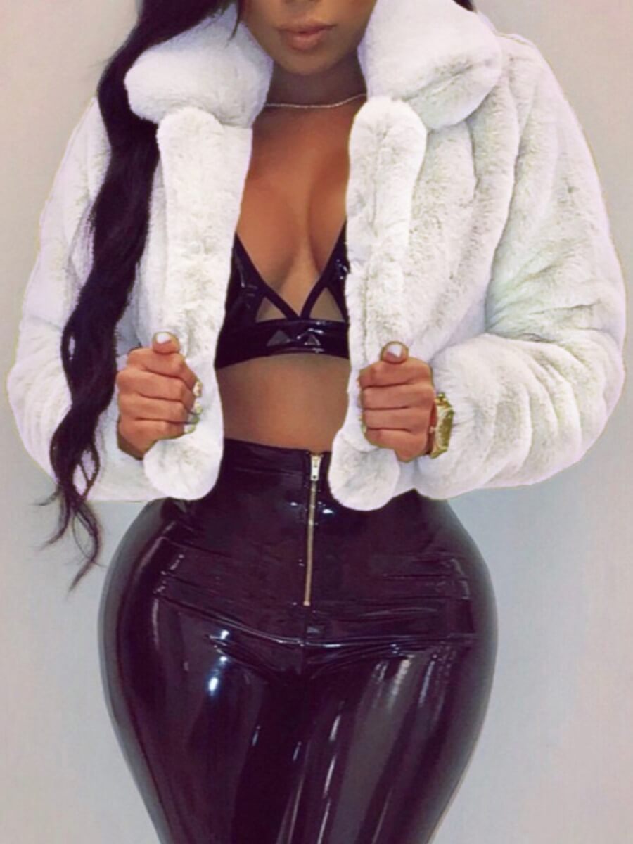 

Lovely Stylish Turndown Collar Basic White Faux Fur
