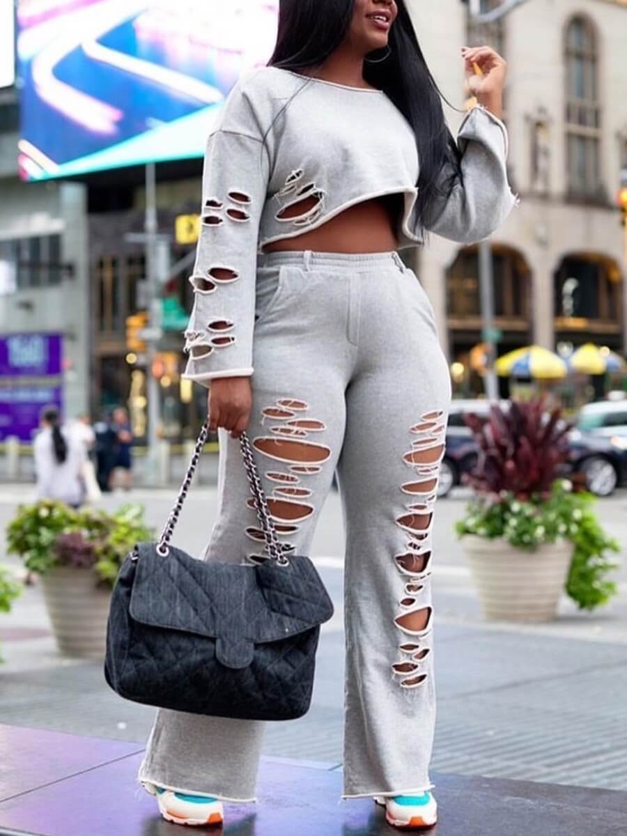 

Lovely Street O Neck Hollow-out Grey Two Piece Pants Set