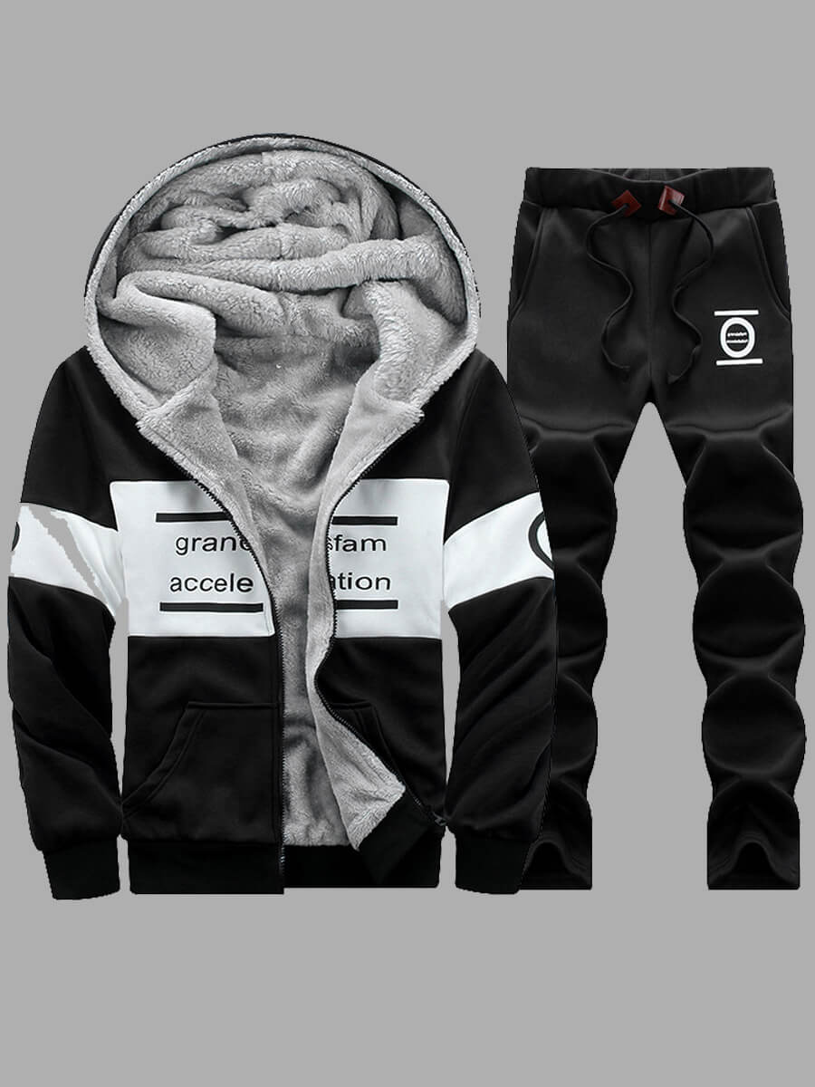 

Lovely Leisure Hooded Collar Letter Print Patchwork Black Men Two-piece Pants Set