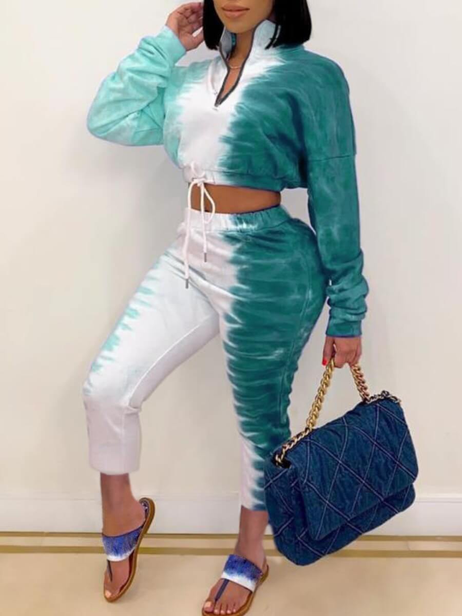 

Lovely Trendy Tie Dye Zipper Design Green Two Piece Pants Set