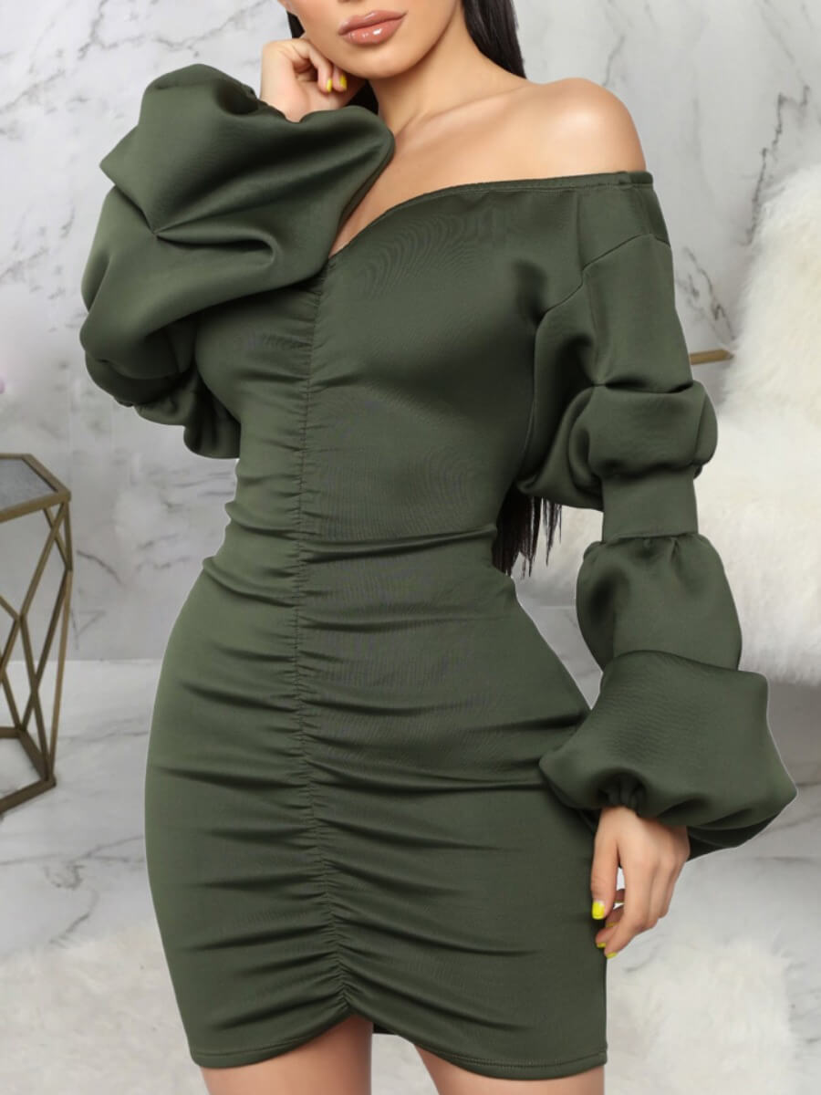 

Lovely Trendy Dew Shoulder Fold Design Green Mini Dress