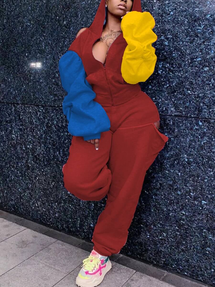 

Lovely Sportswear Hooded Collar Patchwork Red Two Piece Pants Set