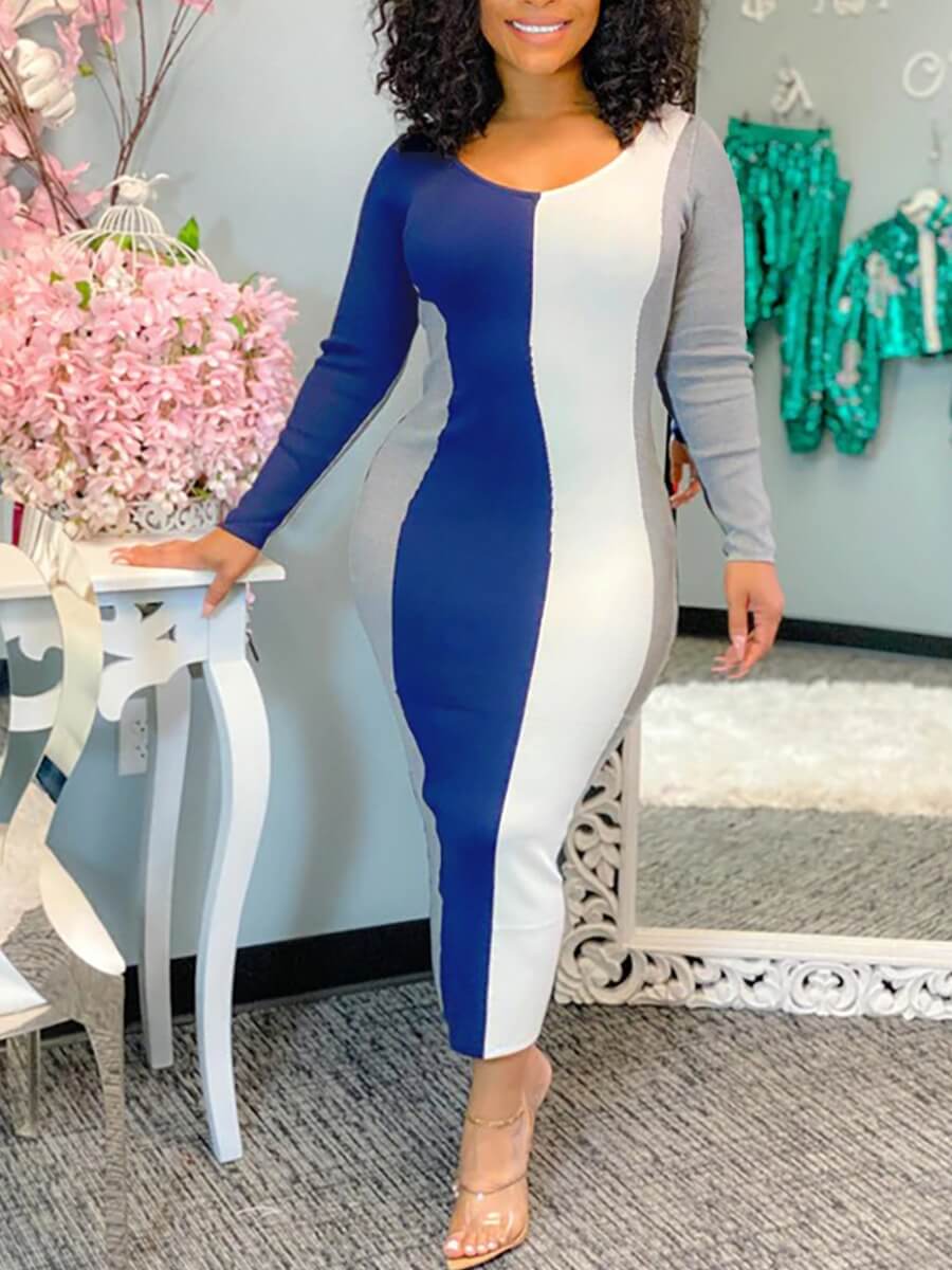 

Lovely Casual U Neck Patchwork Blue Ankle Length Dress