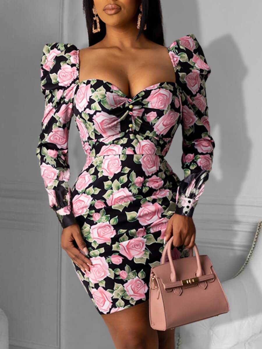 

Lovely Sweet Square Collar Floral Print Black Mini Dress