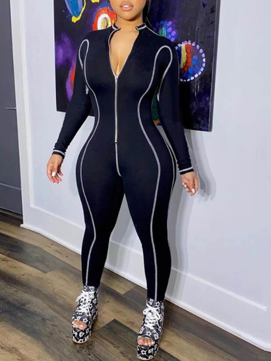 

Lovely Sportswear Striped Zipper Design Black One-piece Jumpsuit